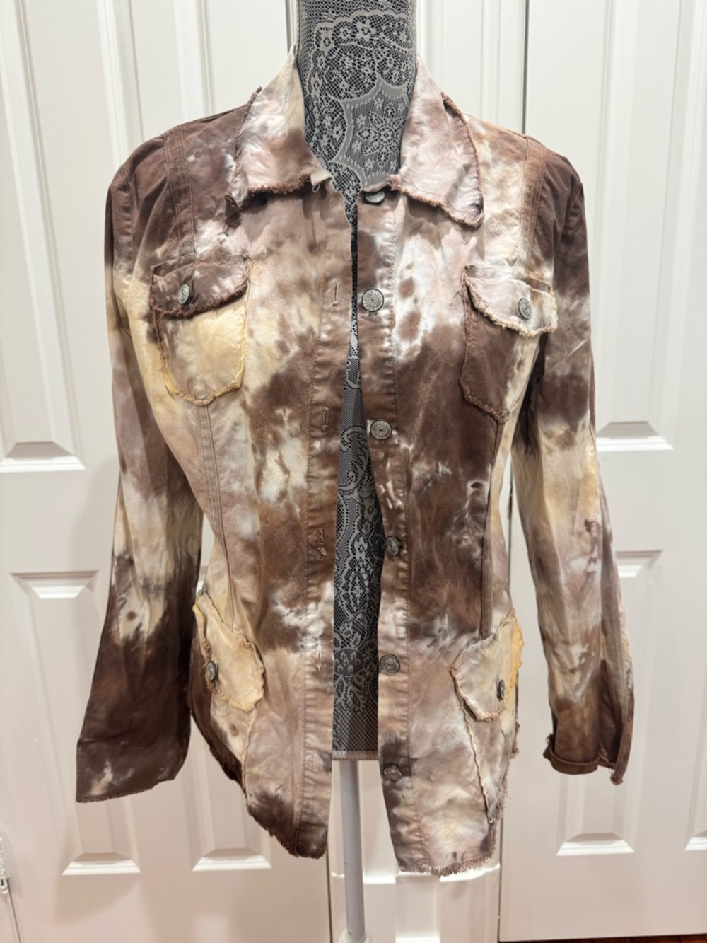 Vintage XCVI Tie-Dye Lightweight Jacket Brown & Cream Sz. L Western Cotton
